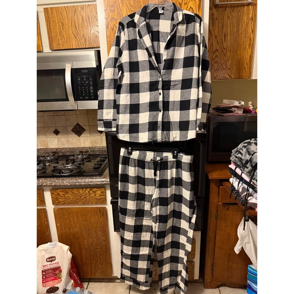 Old‎ Navy Womens Buffalo Plaid Pajama Set Black White Flannel Large 2 Piece PJ